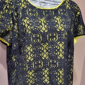 Coldwater Creek black mesh overlay chartruese blouse sz 1X